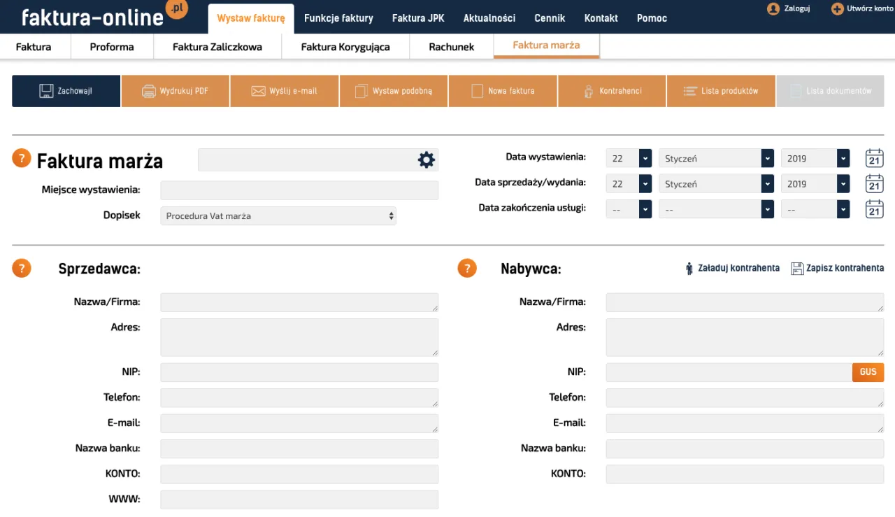 Faktura VAT marża wz&oacute;r