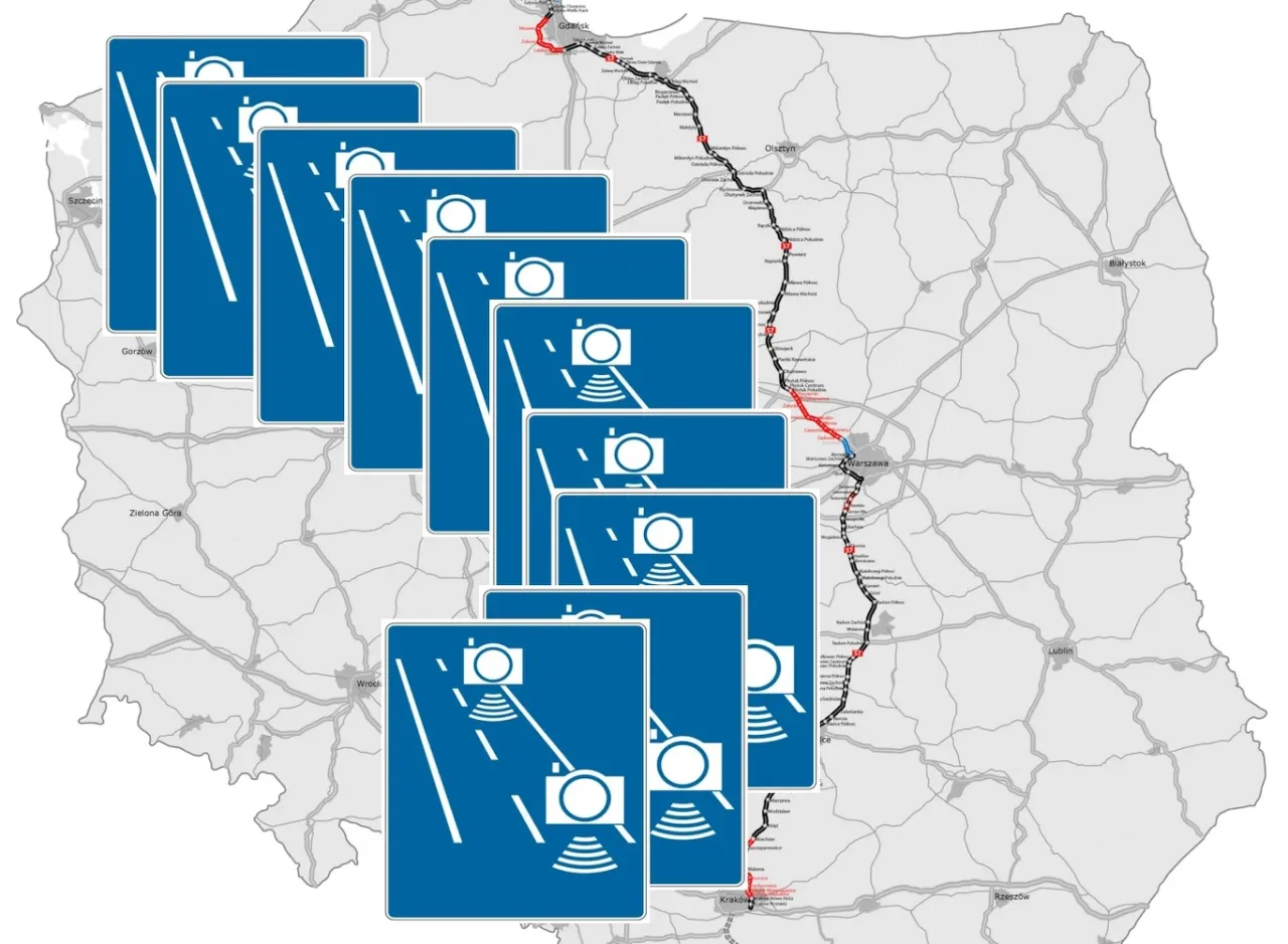 Mapa Polski z zaznaczoną trasą S7 i licznymi znakami informującymi o odcinkowym pomiarze prędkości.