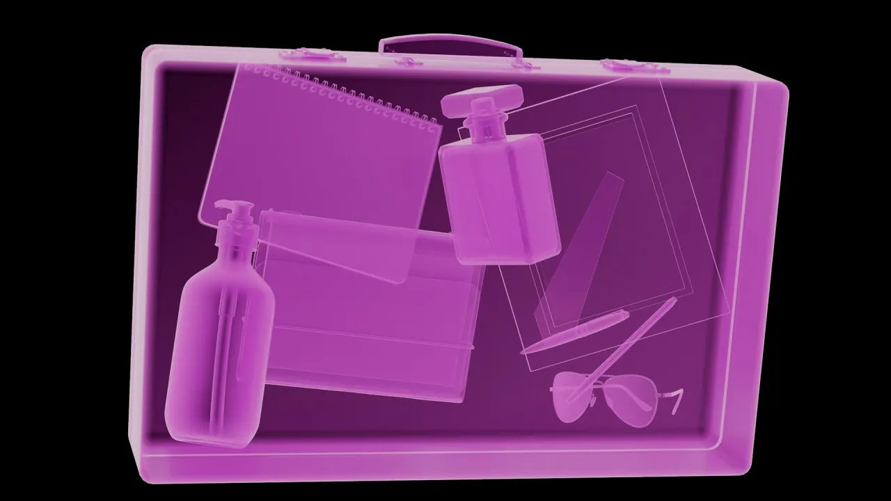 Jak spakować kosmetyki do samolotu? W walizce: płyn do dezynfekcji, perfumy, notes, okulary i długopis.