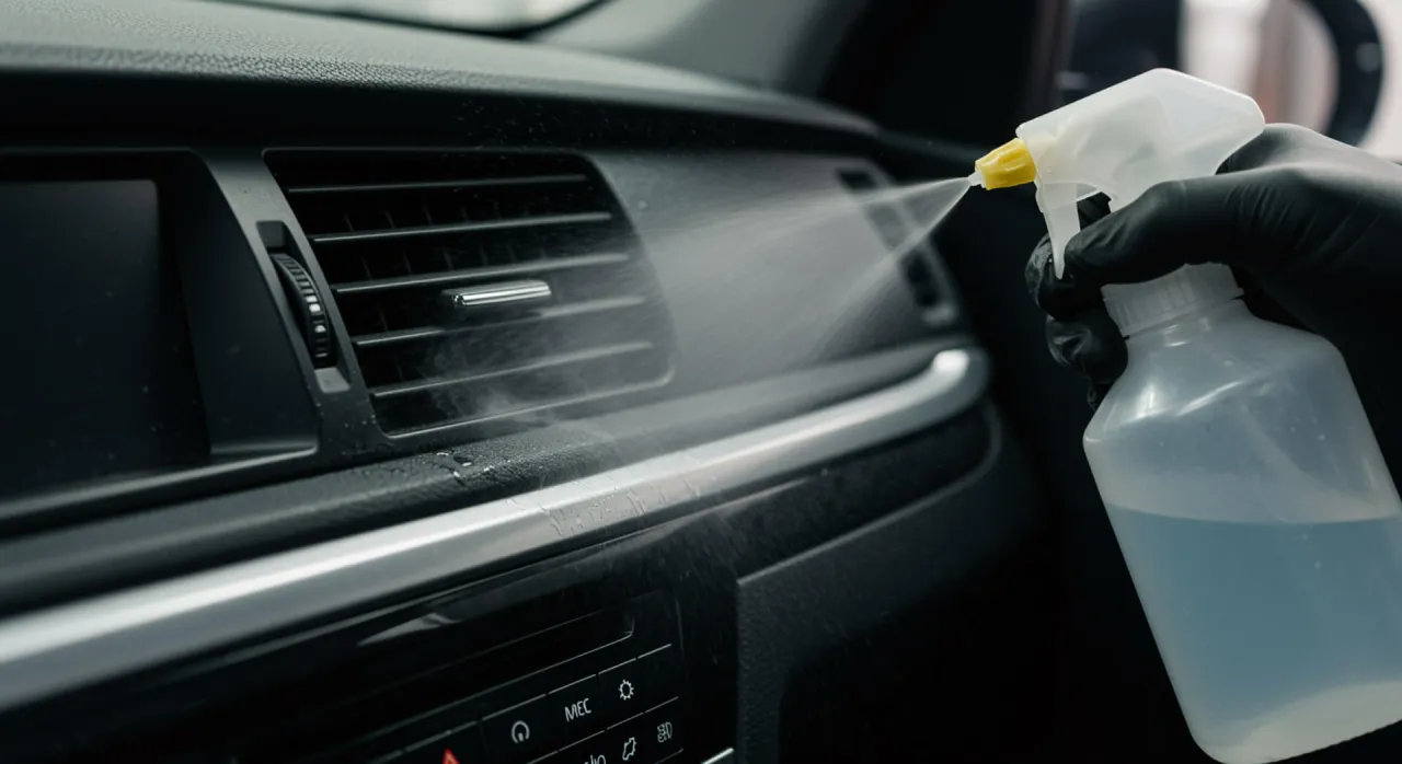 Ręka w czarnej rękawiczce rozpyla płyn na deskę rozdzielczą, walcząc z nieprzyjemnym zapachem octu w samochodzie.