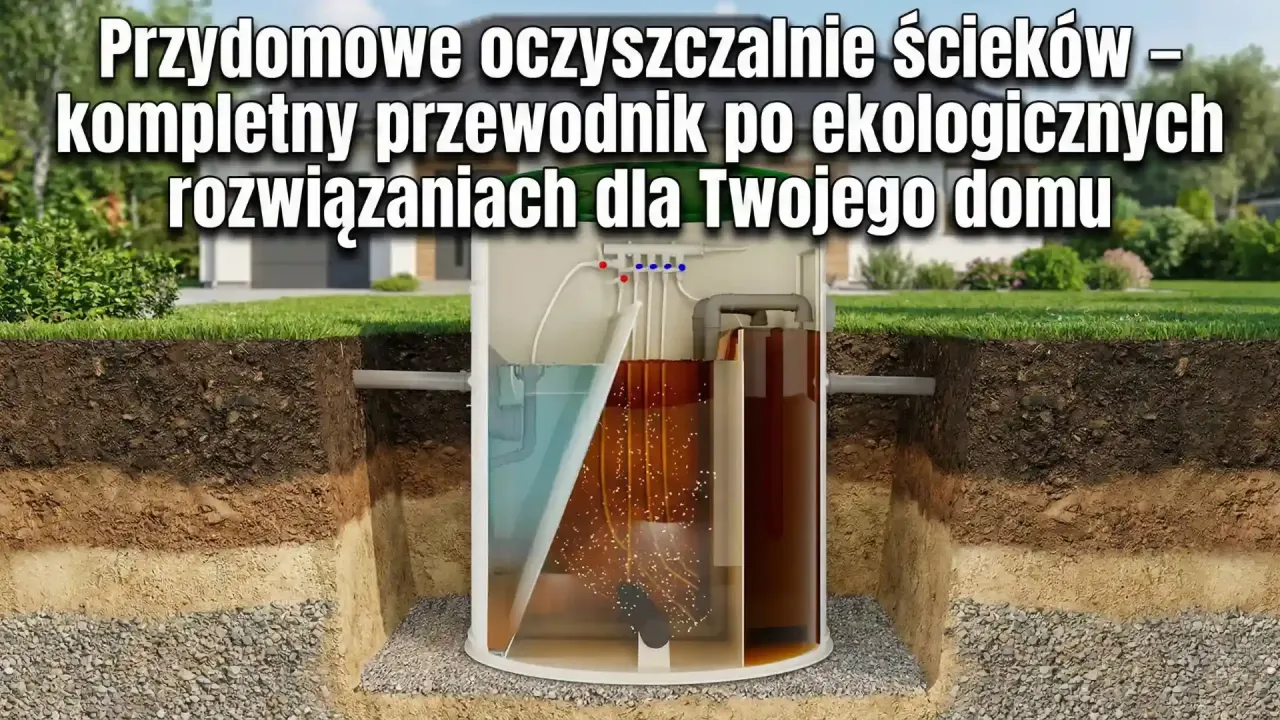 Przedstawienie przydomowej oczyszczalni ścieków, która może służyć na wiele lat. Pokazuje przekrój systemu i jego działanie.