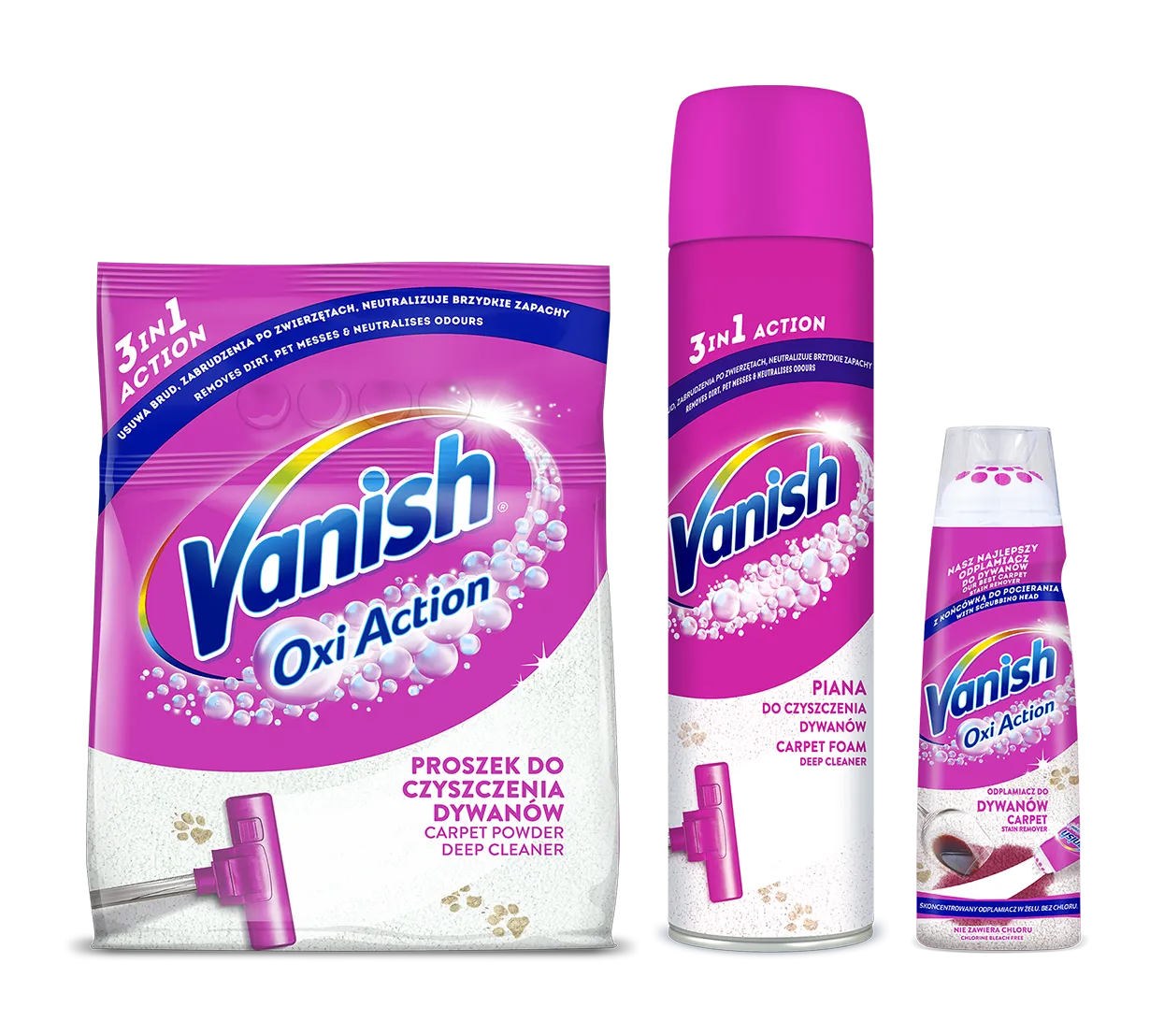 różne rodzaje produktów Vanish do dywanów na półce sklepowej