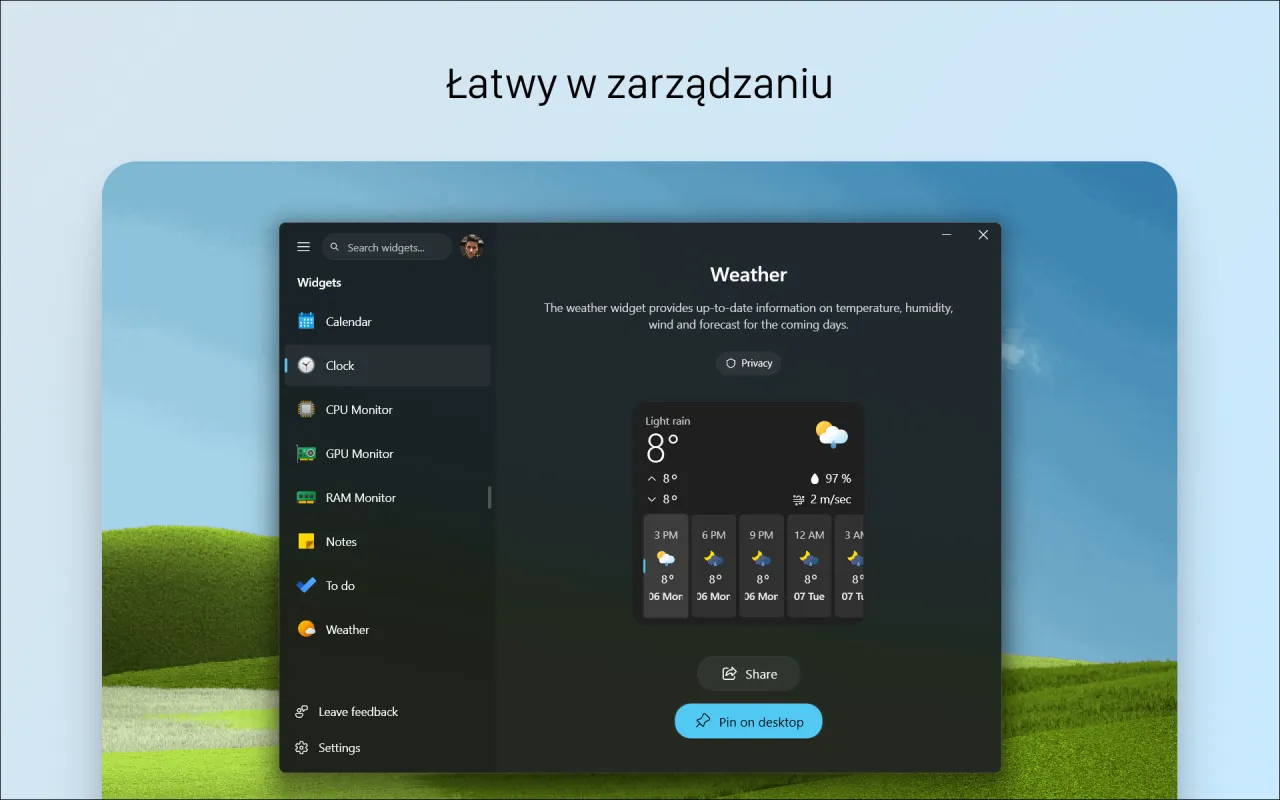 Widżet pogody w Microsoft Start pokazuje aktualne dane, co znaczy, że masz dostęp do prognozy.