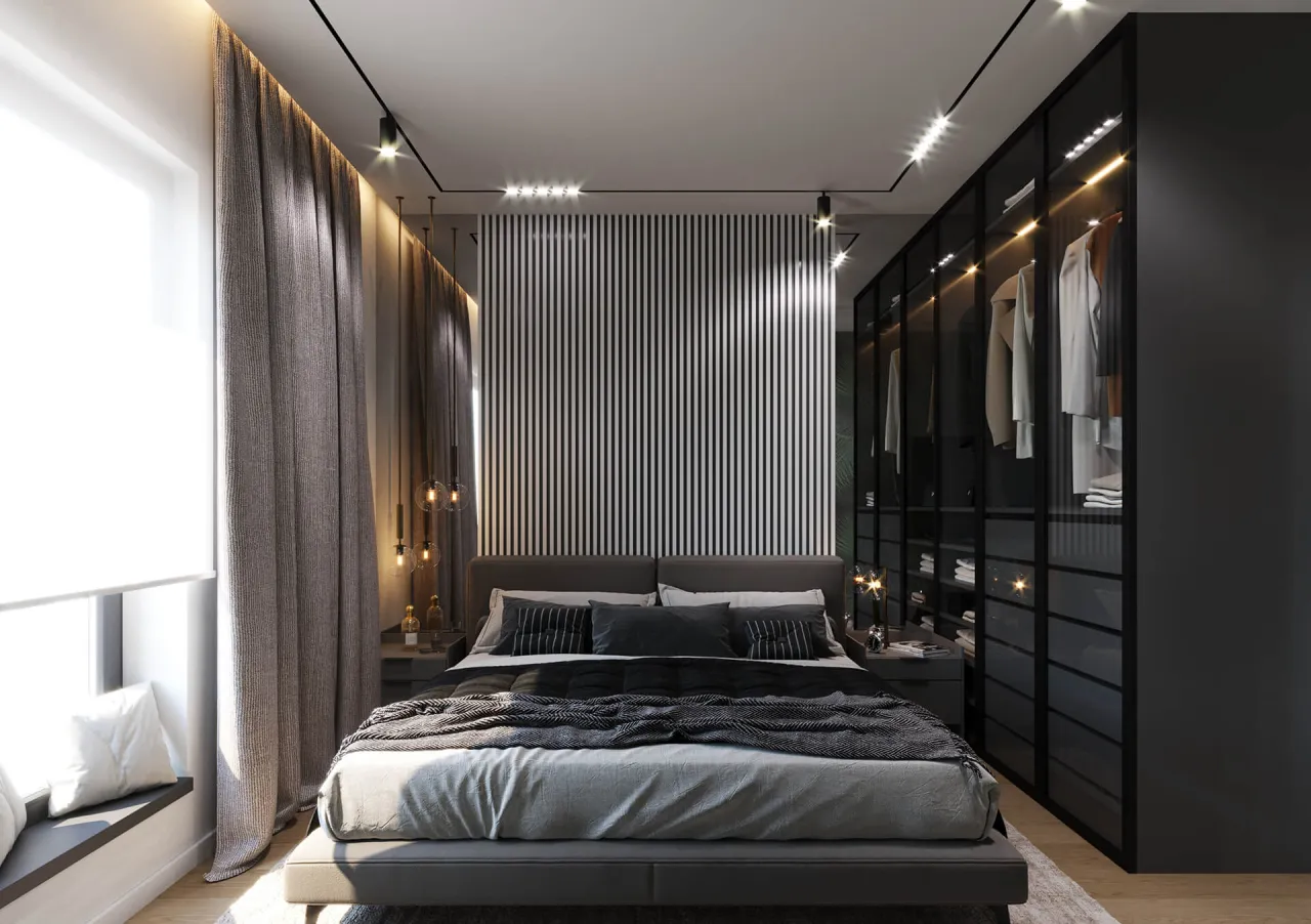 sypialnia z ciemnymi meblami jasne ściany