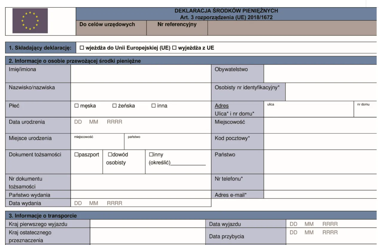 Formularz deklaracji środk&oacute;w pieniężnych Służba Celno-Skarbowa