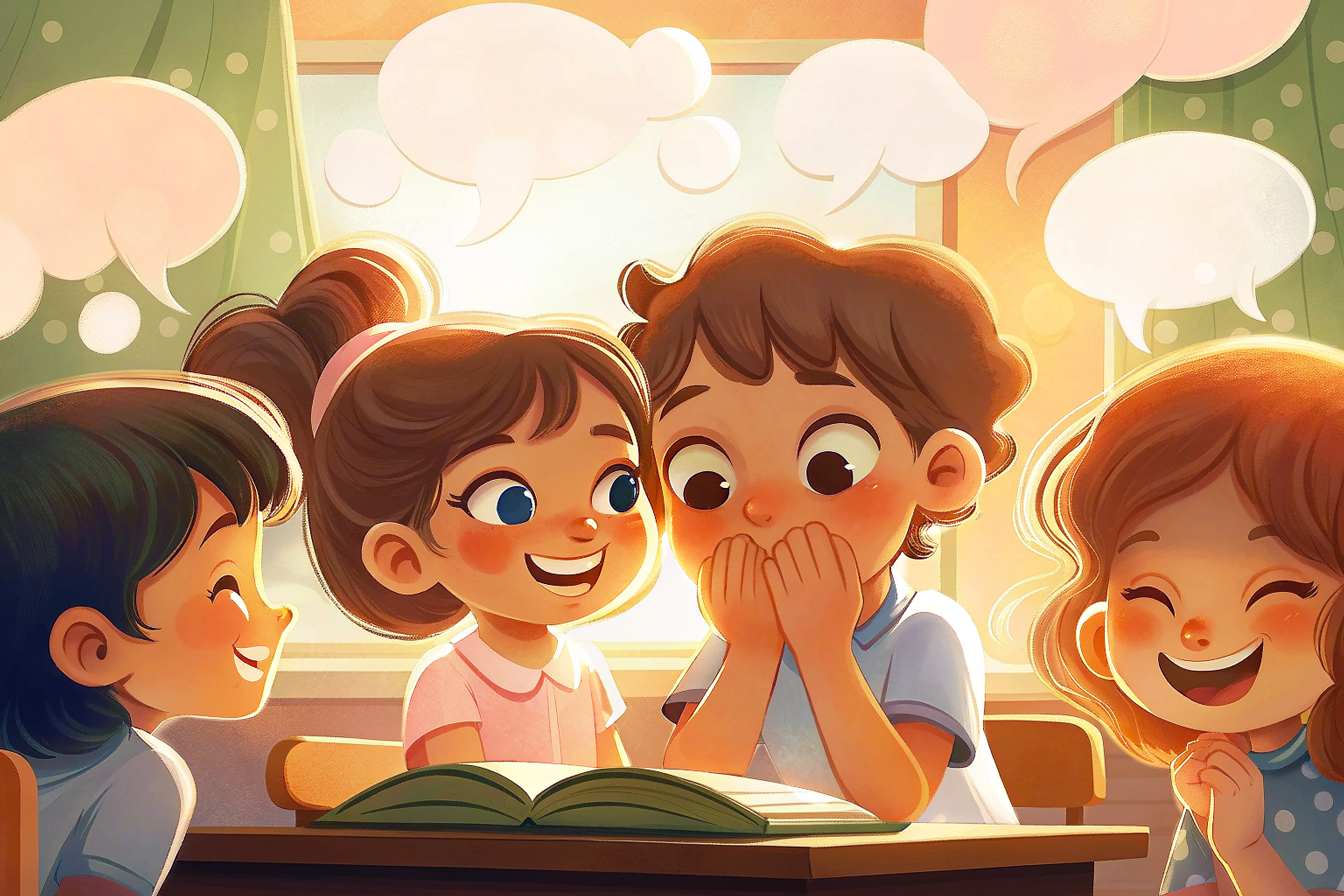 Dzieci śmieją się, słuchając kawałów dla dzieci od 5 lat. Chłopiec zakrywa usta dłońmi, dziewczynka obok niego szeroko się uśmiecha.