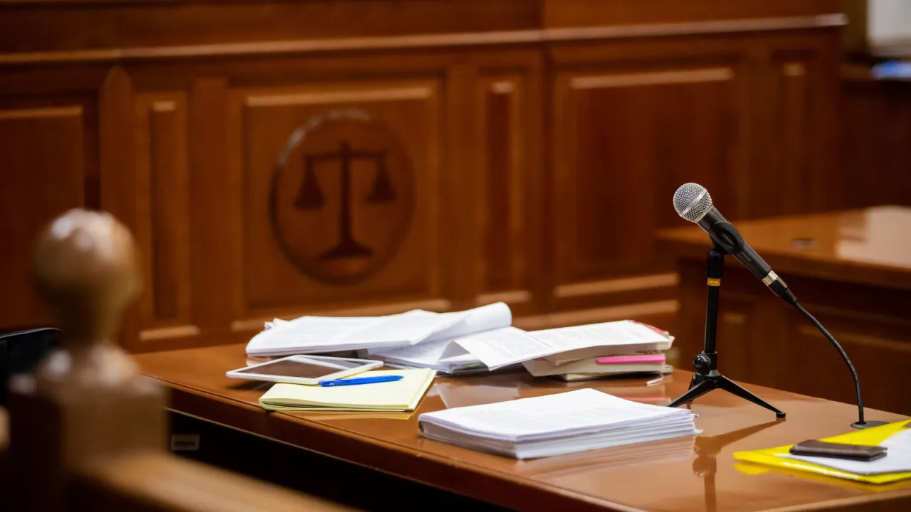 Sędzia w sądzie, sala rozpraw, dokumenty sądowe