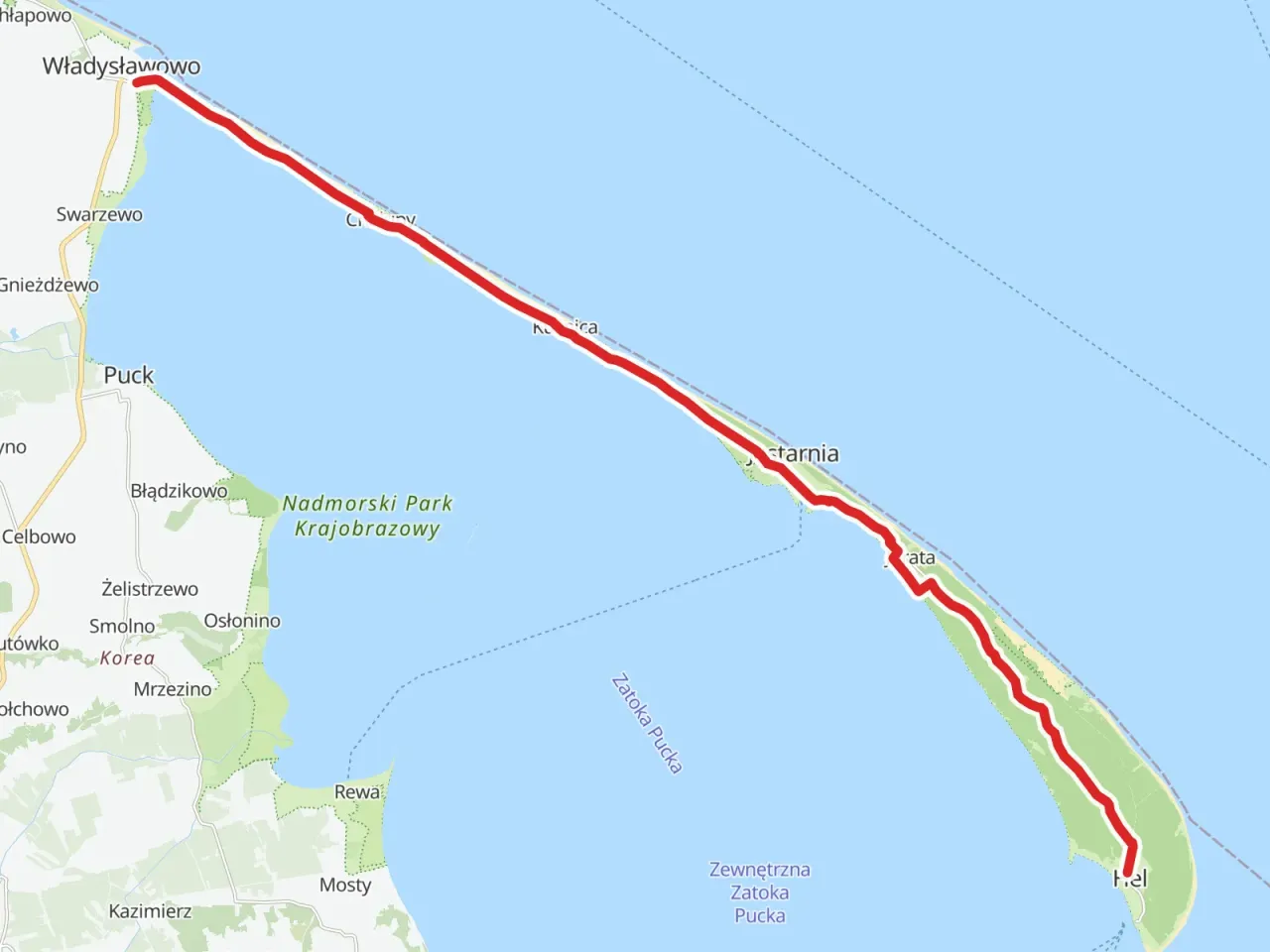 Mapa z zaznaczoną trasą rowerową nad morzem, prowadzącą od Władysławowa przez P&oacute;łwysep Helski aż do Helu.