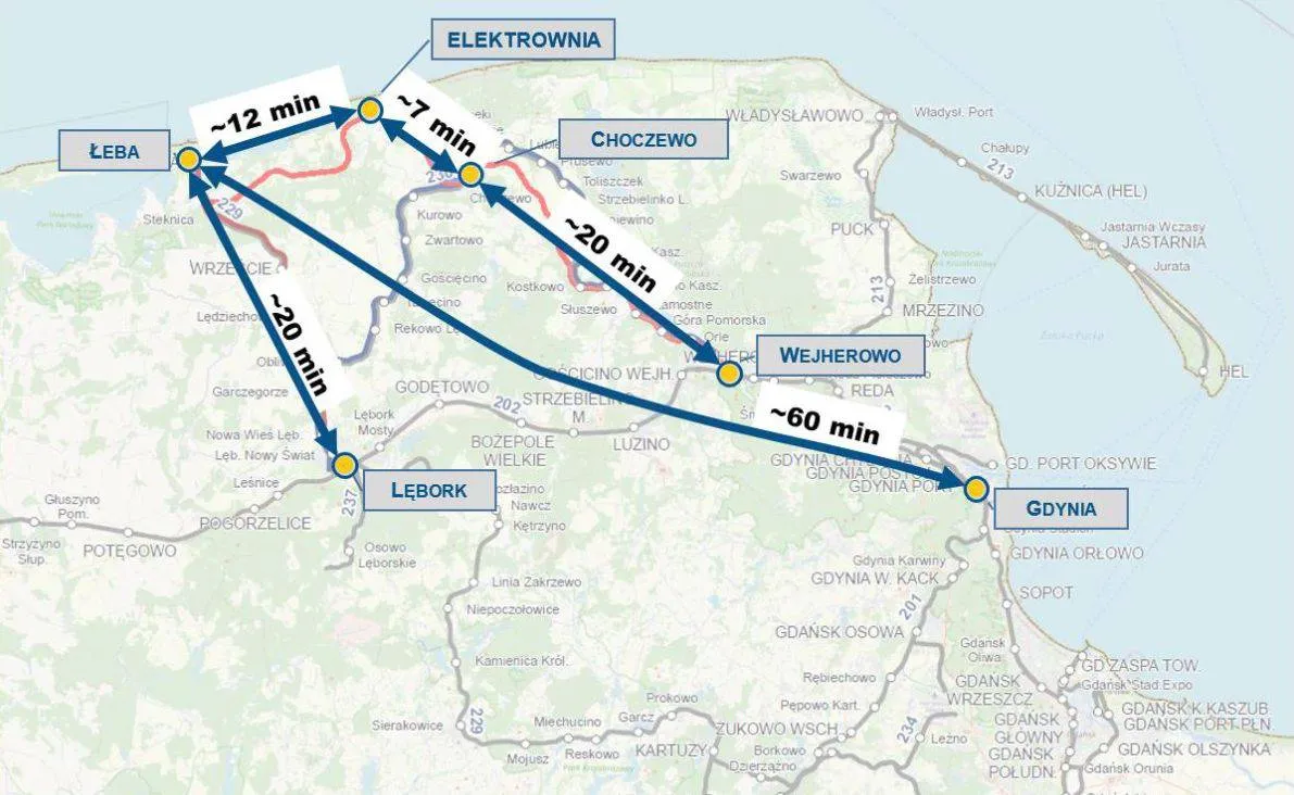 Mapa połączeń kolejowych do Łeby z zaznaczoną stacją Lębork