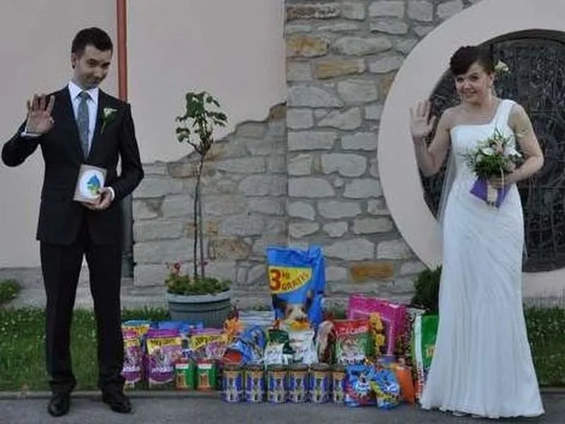 para młoda z zebraną karmą dla schroniska ślub