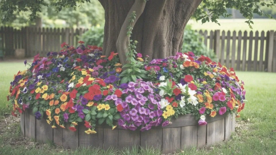 kwietnik z pnia drzewa aranżacje kwiatowe, rośliny do pnia słoneczne i cieniste