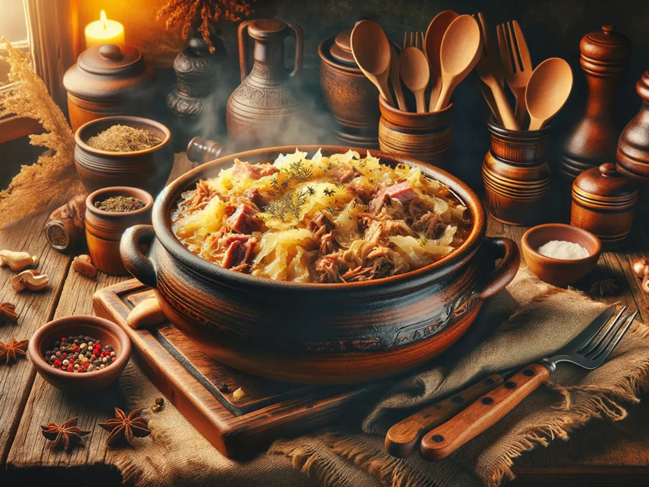 Tradycyjny bigos z kiszonej kapusty, sycący i aromatyczny. Zastanawiasz się, ile kalorii ma bigos z kiszonej kapusty? To zależy od składników, ale ten wygląda na bogaty!