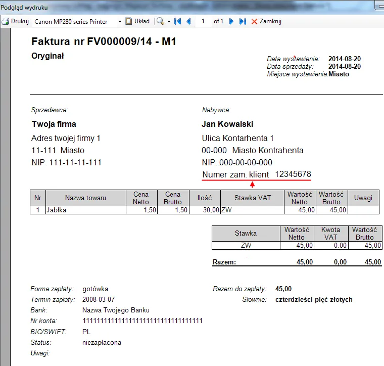 faktura z poprawnym opisem usługi