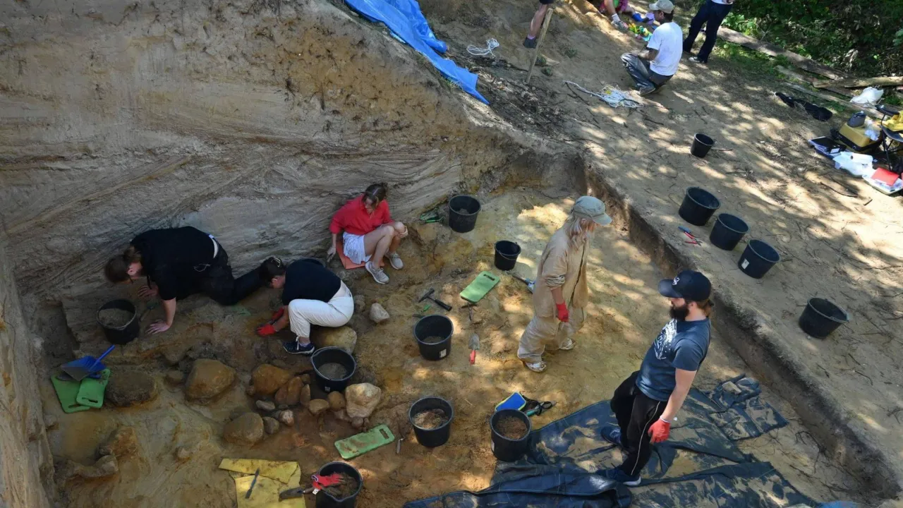 Odkrywanie przeszłości na wykopaliskach to klucz do tego, jak zostać archeologiem. Ludzie pracują w wykopie, zbierając artefakty.