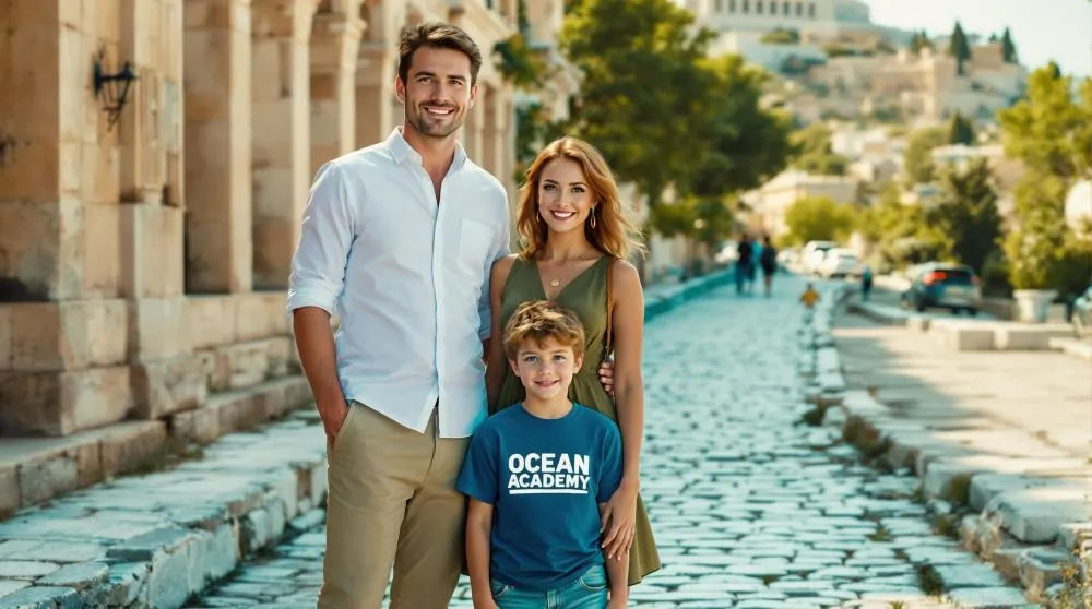 Rodziny z dziećmi na plaży w Grecji, para zwiedzająca Akropol, ludzie na targu w Grecji