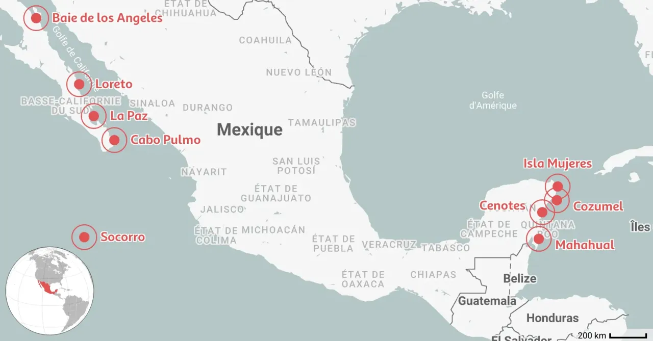 Carte du Mexique stations balnéaires Caraïbes Pacifique