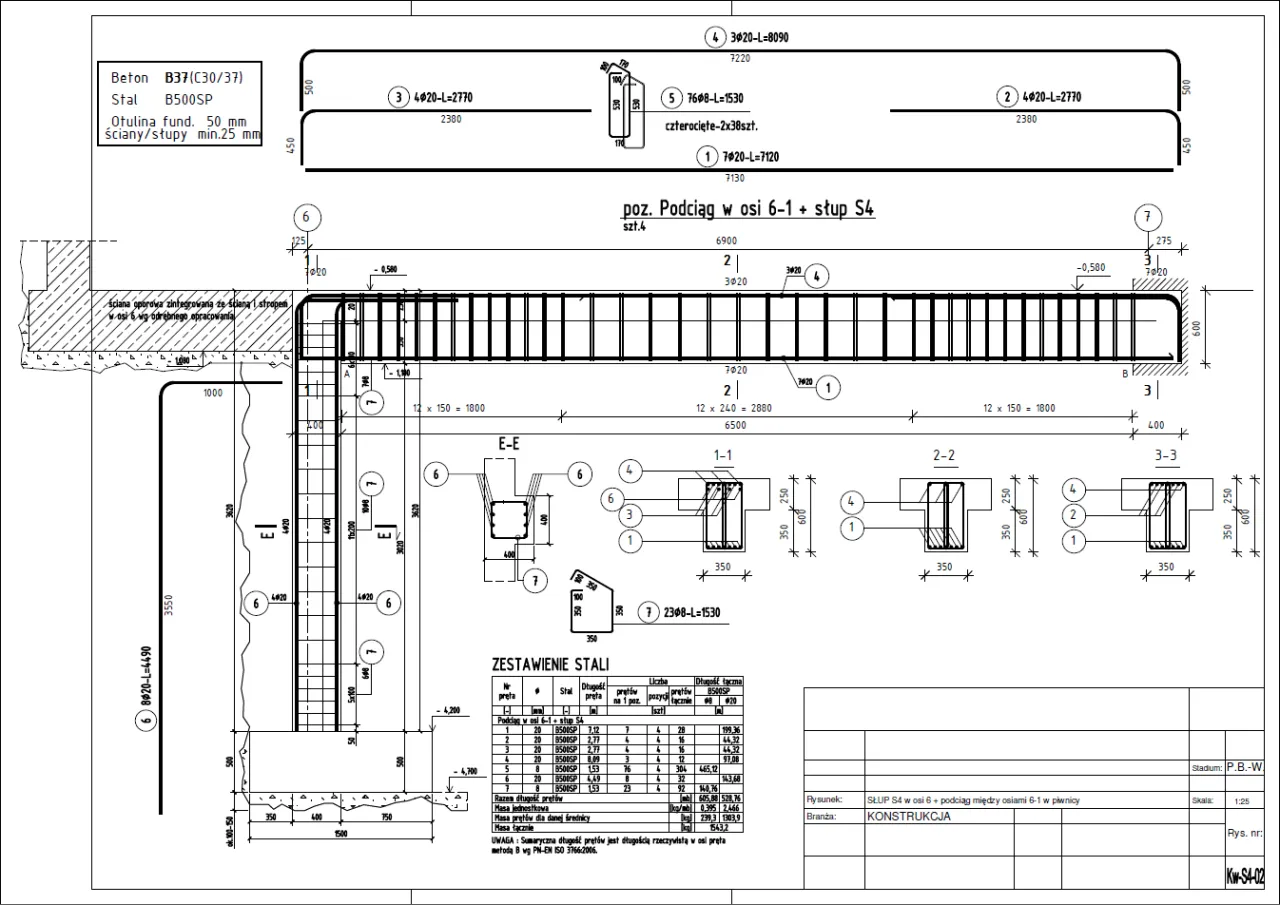 Szczeg&oacute;łowy rysunek techniczny przedstawiający zbrojenie podciągu 5m, z widokiem przekroj&oacute;w i zestawieniem stali.