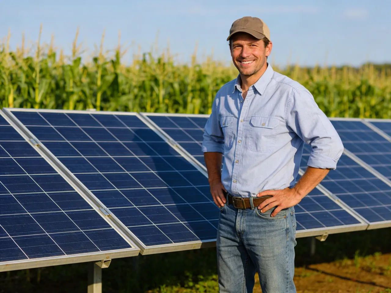 Uśmiechnięty rolnik na tle paneli fotowoltaicznych i kukurydzy. Dowiedz się, jakie dofinansowanie do fotowoltaiki jest dostępne dla gospodarstw rolnych.