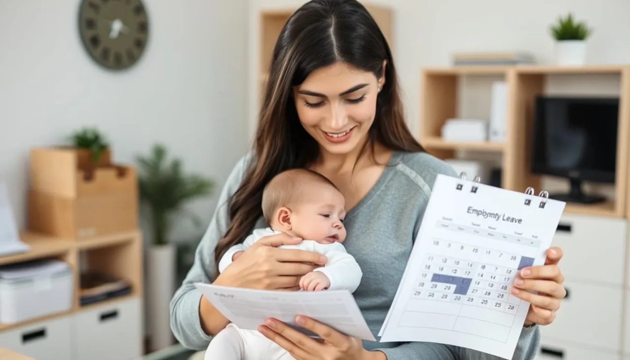 kobieta z dzieckiem i dokumentami pracy, staż pracy, uprawnienia pracownicze