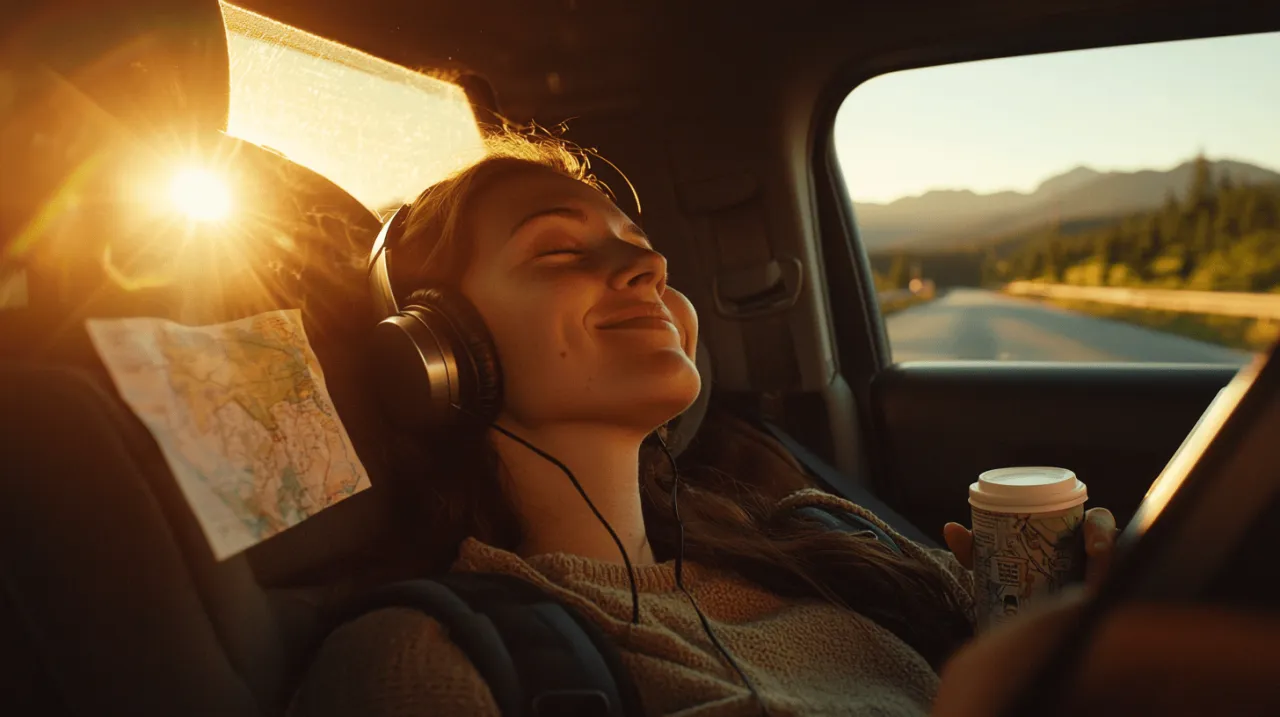 Osoba słuchająca podcastu podczas dojazdów do pracy