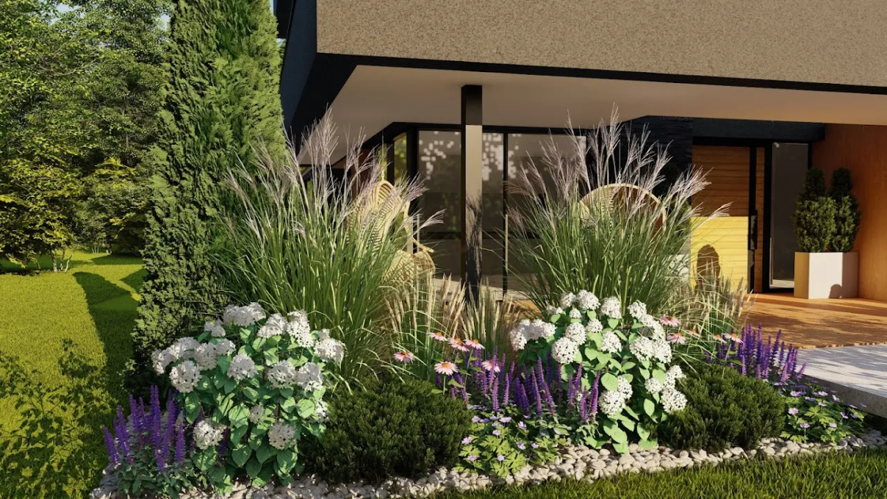 Inspiracje roślinne do ogrodu przed domem, rabata bylinowa, trawy ozdobne