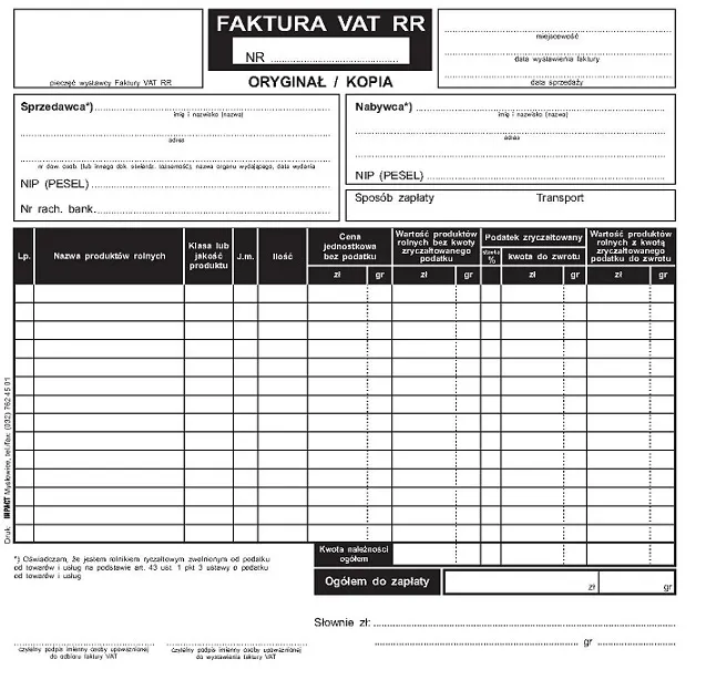 faktura RR przykład wz&oacute;r