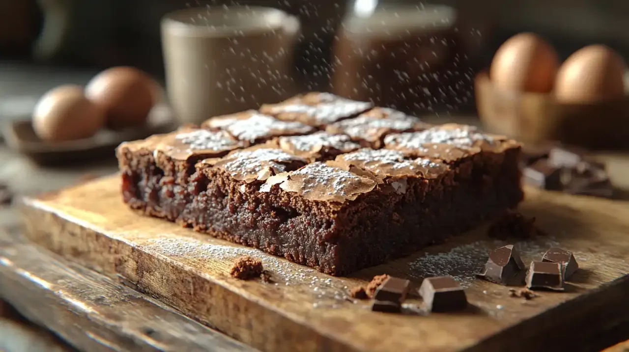 Pyszny brownie przepis na wilgotne ciasto czekoladowe, posypane cukrem pudrem. Obok jajka i kawałki czekolady.