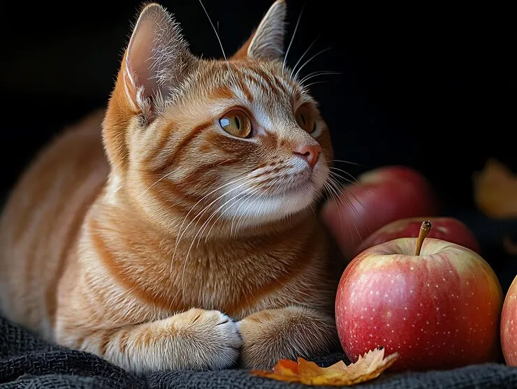 Kot patrzący z ciekawością na czerwone jabłko