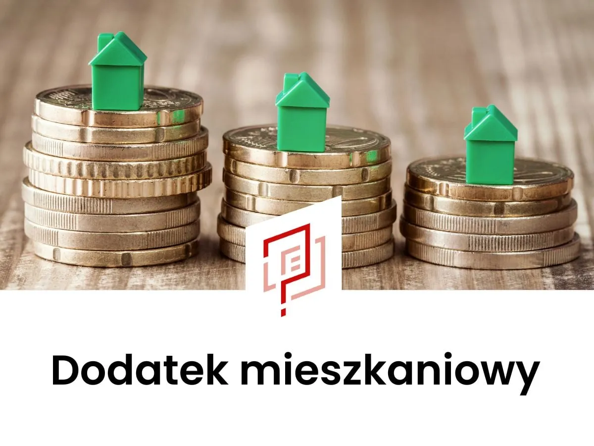 Zielone domki na stosach monet symbolizują dofinansowanie do wynajmu mieszkania.