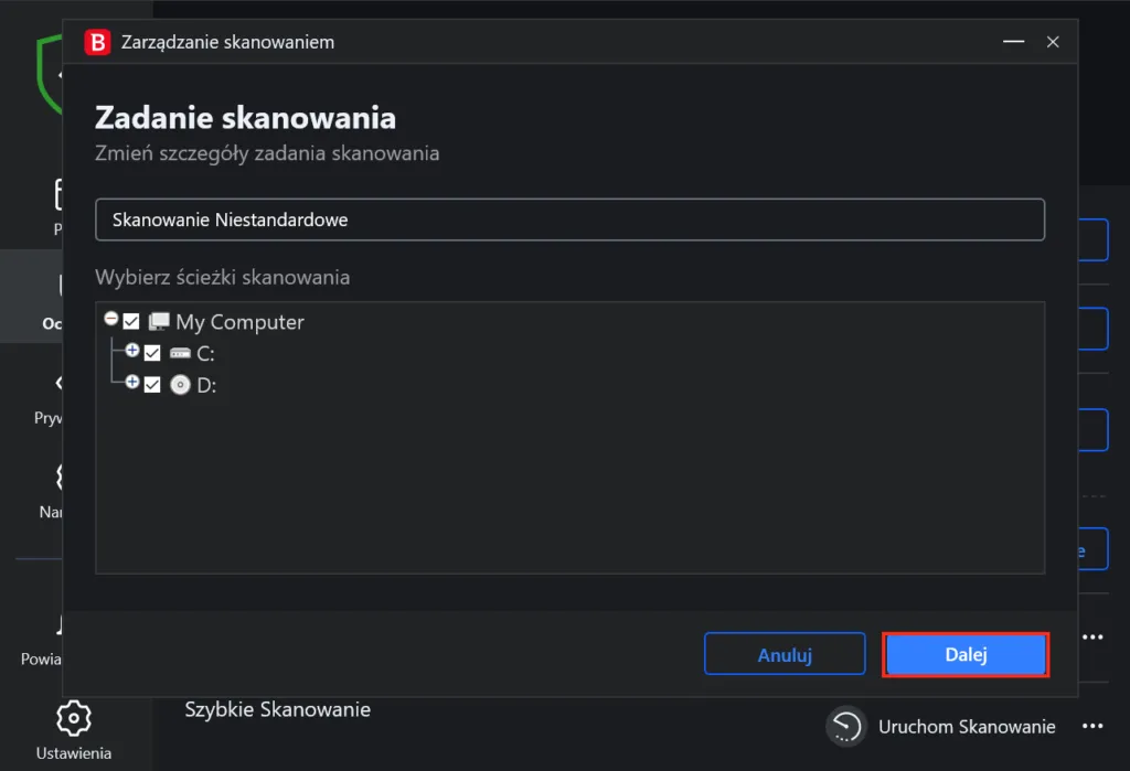 interfejs programu antywirusowego skanującego dysk zewnętrzny