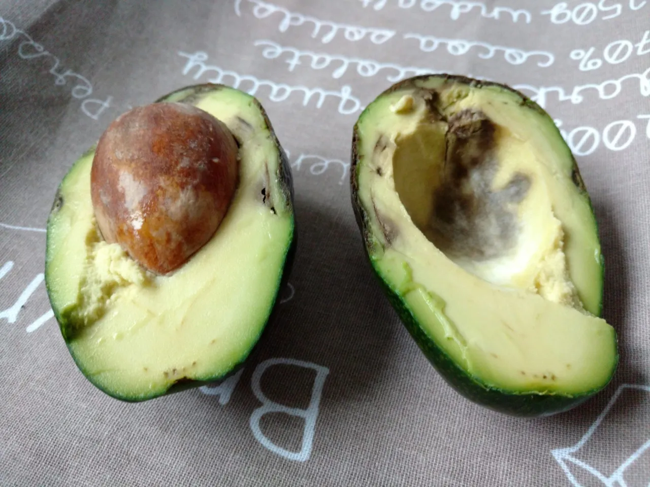 Dwa połówki awokado, jedno z pestką, drugie z ciemnymi przebarwieniami. Idealne awokado do guacamole powinno być miękkie, ale bez brązowych plam.