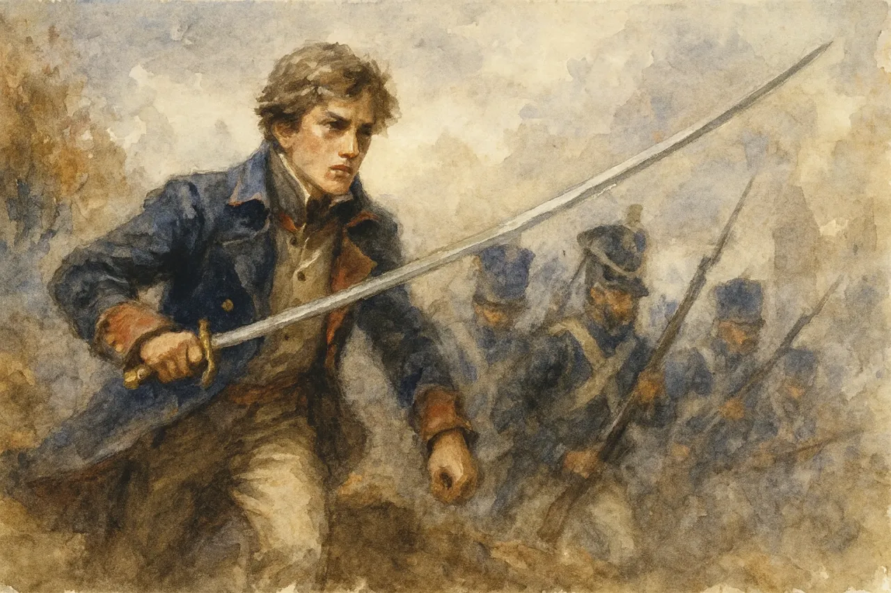 Młody bohater z szablą w dłoni, prowadzi żołnierzy. Scena jak z wiersza 
