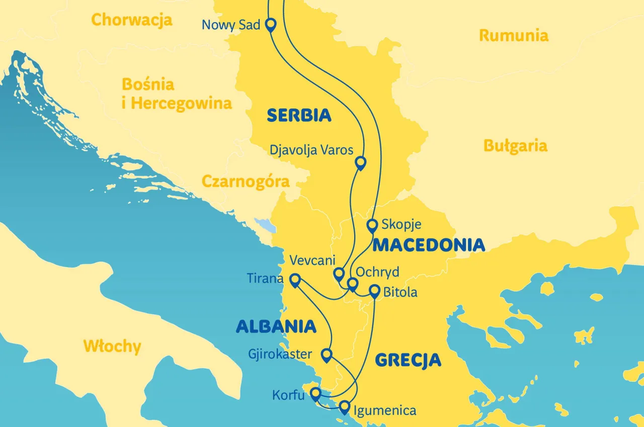 Mapa trasy autokaru Polska Grecja Bałkany