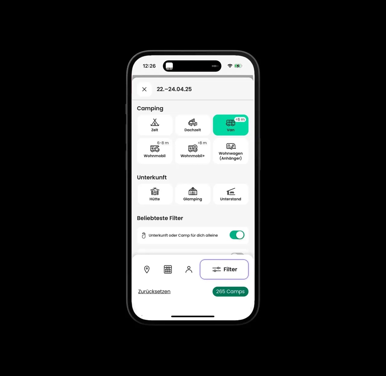 Screenshot einer Stellplatz-App mit Filteroptionen für Service und Preis