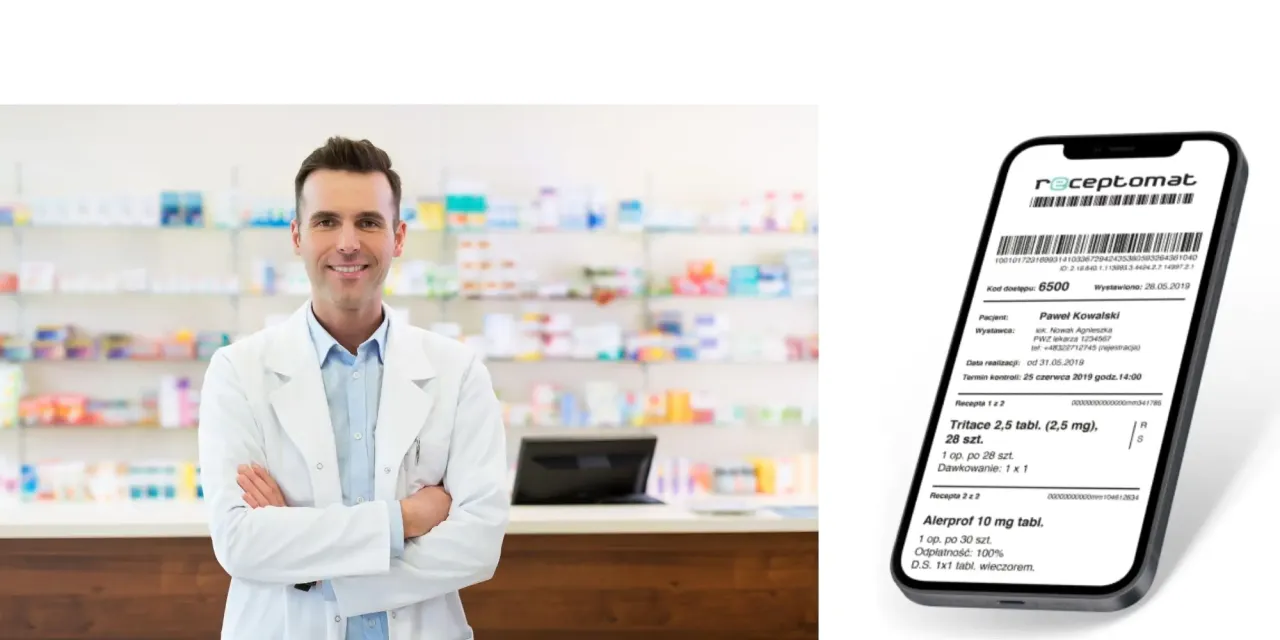 Farmaceuta w aptece obok telefonu z receptą. Kod dostępu 6500 wskazuje, ile opakowań leku można wydać jednorazowo.