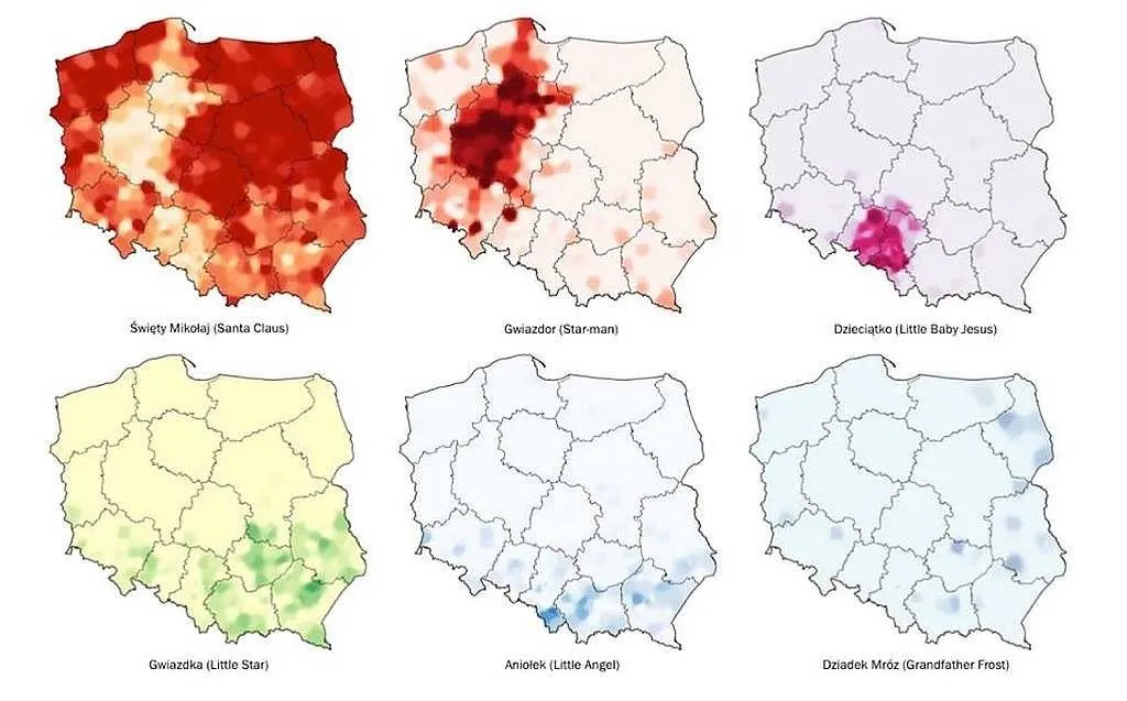 Mapa regionalnych darczyńców prezentów w Polsce, Święty Mikołaj, Gwiazdor, Aniołek, Dzieciątko