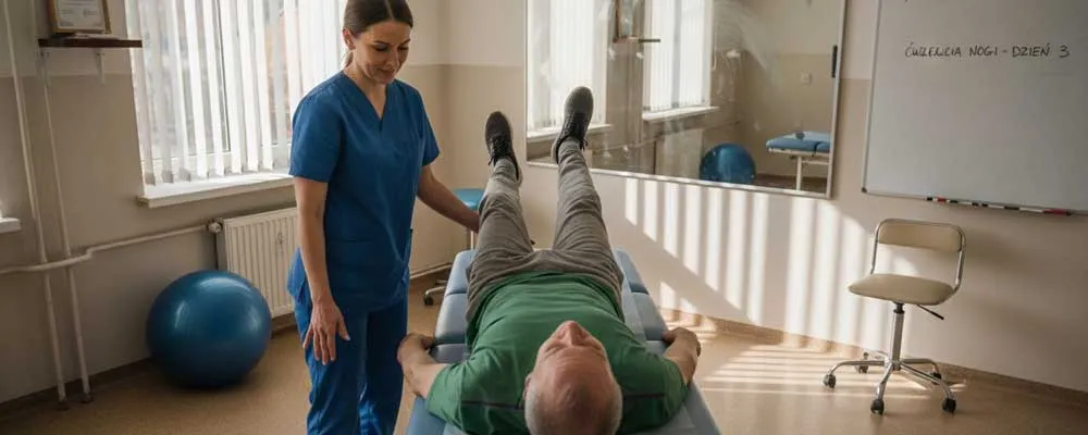 Pacjent na oddziale rehabilitacji neurologicznej ćwiczy z fizjoterapeutą