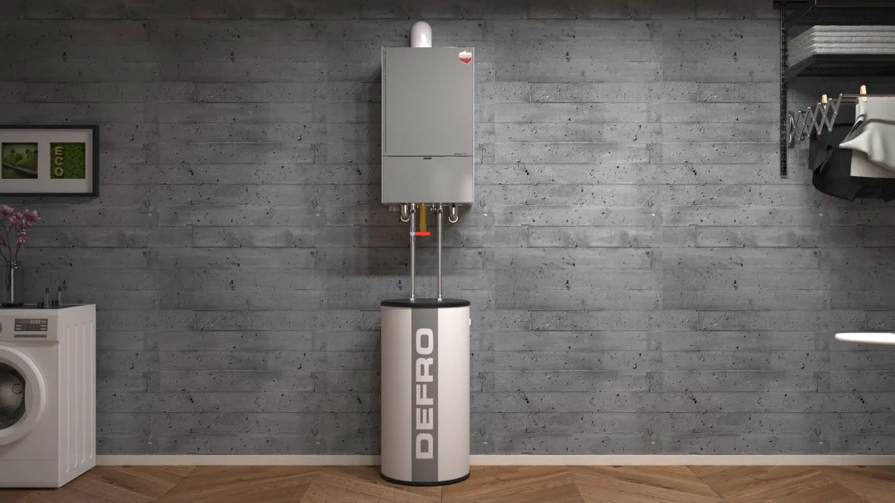 Nowoczesny piecyk gazowy do mieszkania marki DEFRO, wiszący na betonowej ścianie, obok pralki i suszarki na pranie.