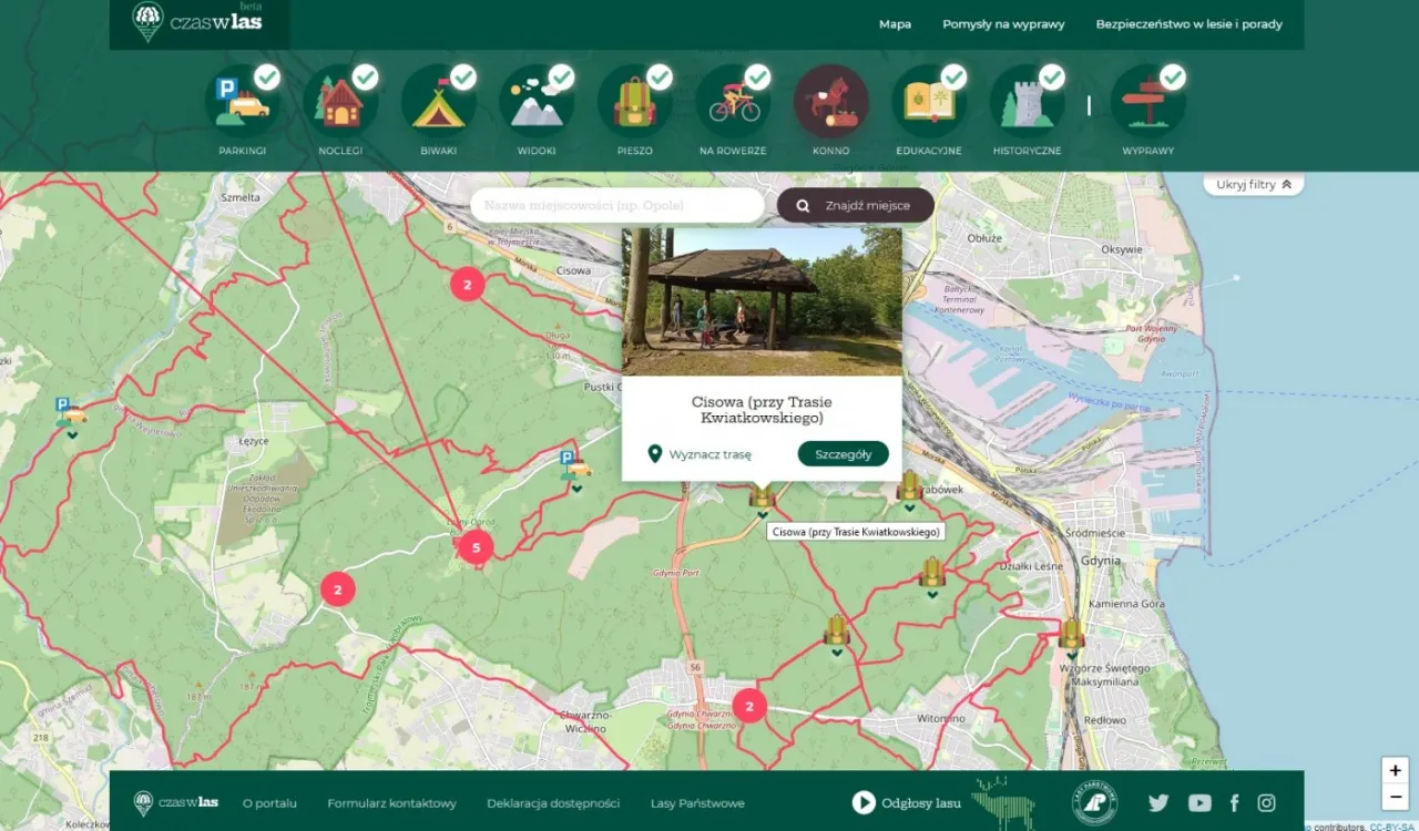 Mapa z zaznaczoną trasą Gdynia. Widoczny punkt widokowy Cisowa przy Trasie Kwiatkowskiego.