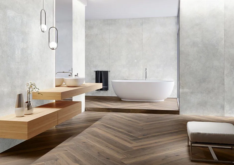 łazienka płytki betonowe r&oacute;żne wykończenia i formaty