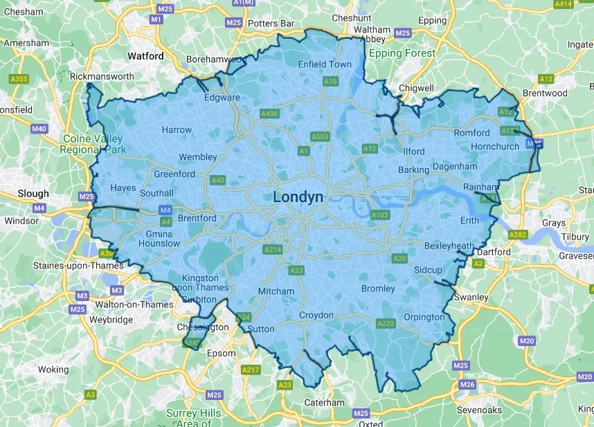mapa stref transportowych Londynu z dzielnicami