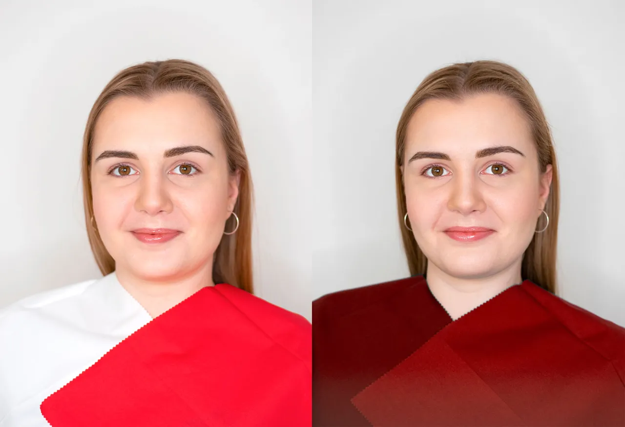 Dwie wersje tej samej kobiety, jedna w bieli i czerwieni, druga w ciemniejszej czerwieni. Kontrastowa wiosna podkreślona przez kolory.