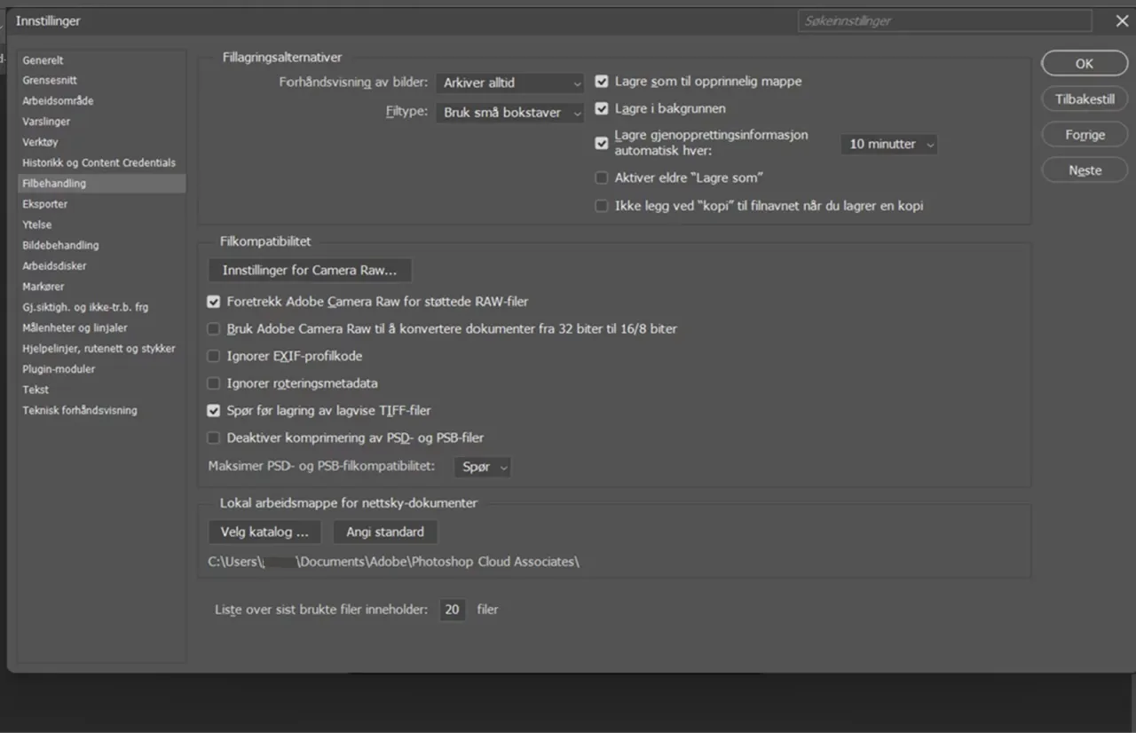 Ustawienia programu Photoshop dotyczące zapisywania plik&oacute;w. Okno 