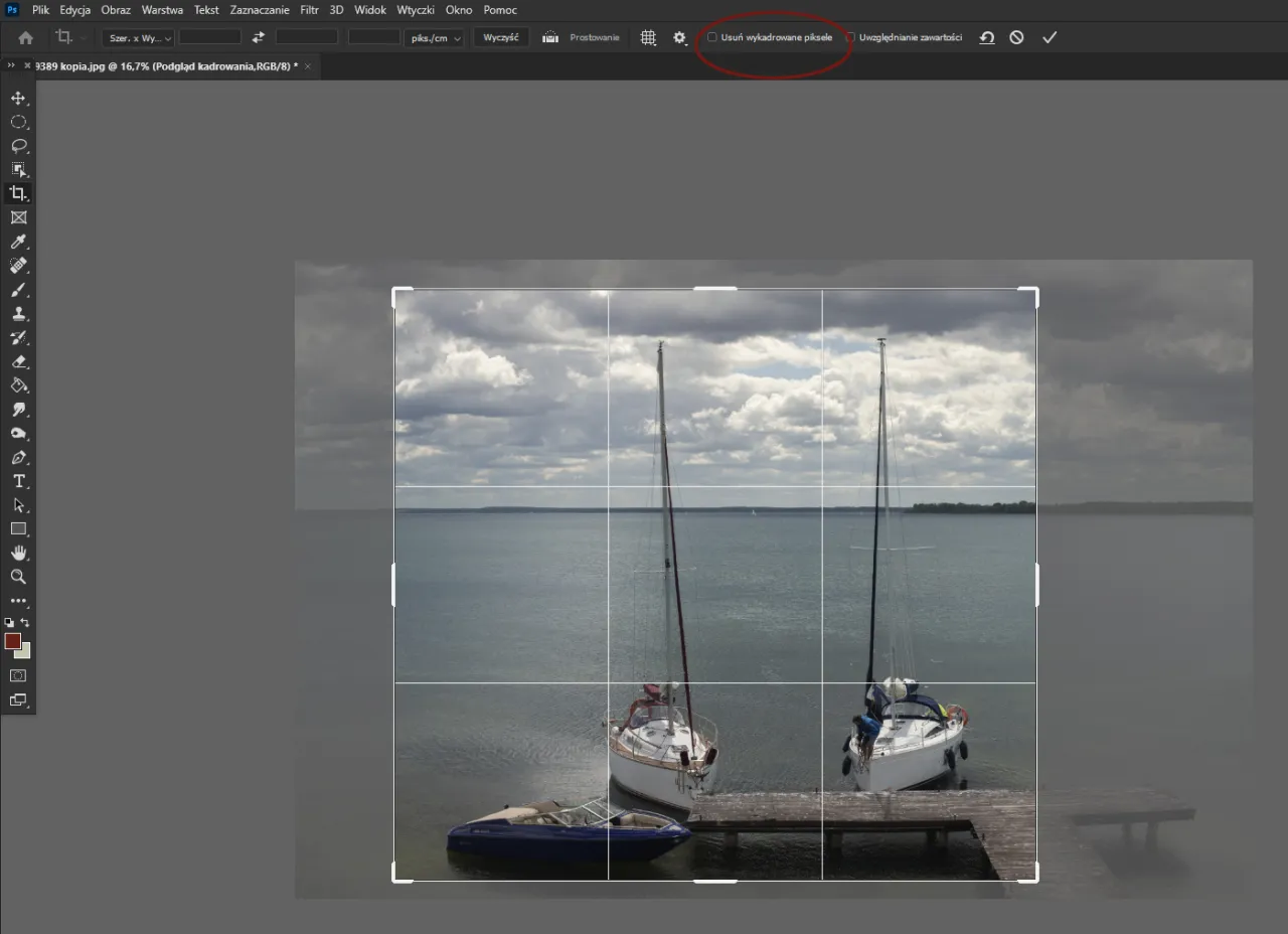 Zrzut ekranu Photoshopa z otwartym zdjęciem i widocznym narzędziem Kadrowanie
