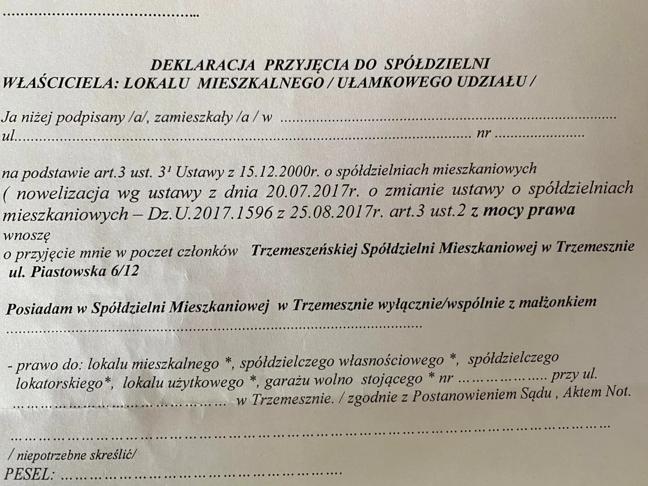 osoba podpisująca deklarację członkostwa w spółdzielni mieszkaniowej