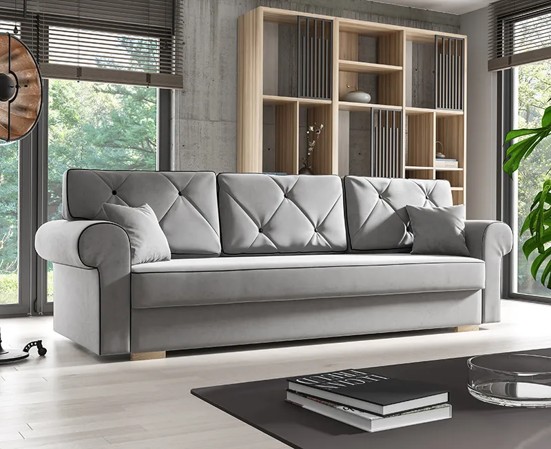 szara kanapa styl skandynawski industrialny glamour