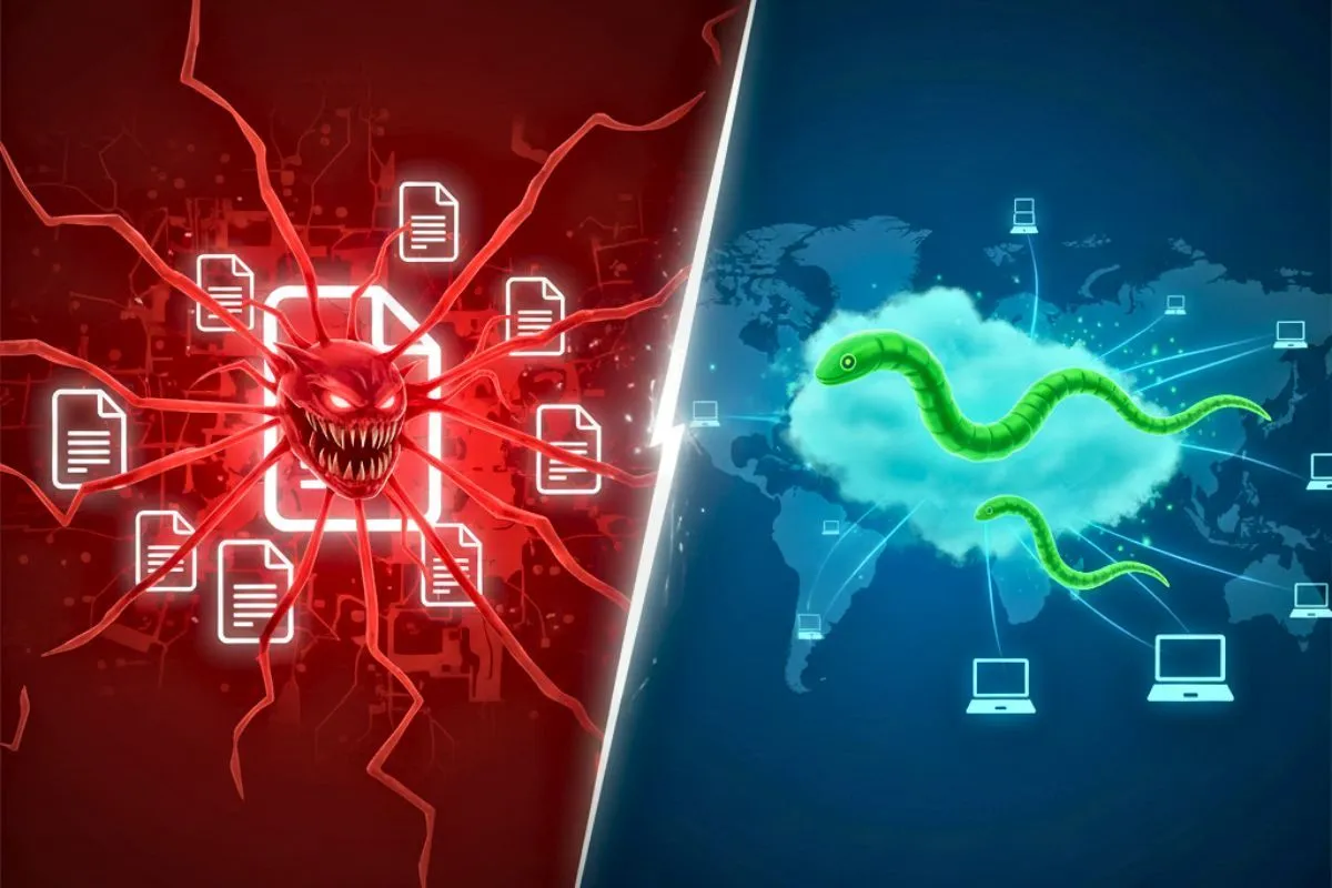 Czerwony, zębasty robak wirus atakuje pliki. Po drugiej stronie zielone węże wychodzą z chmury, łącząc się z laptopami na mapie świata.