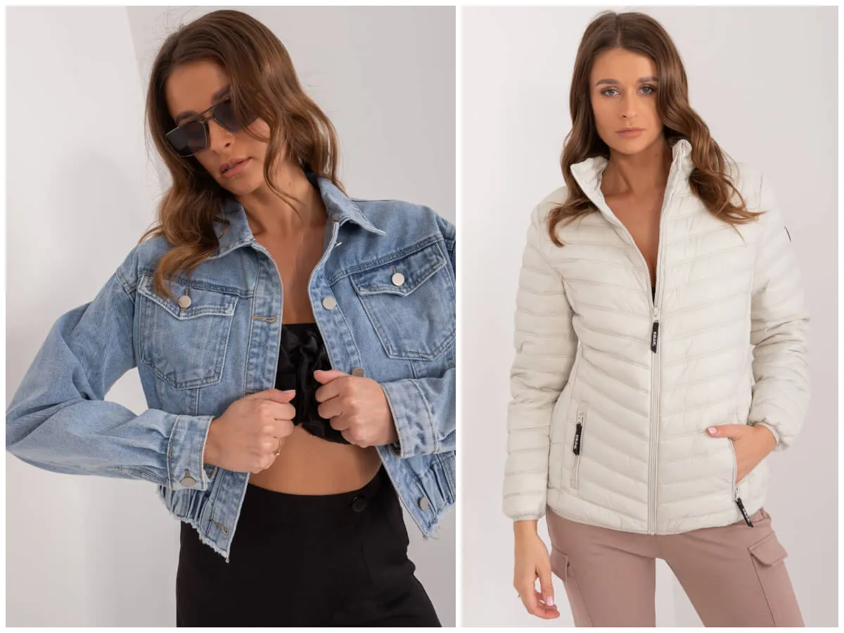 Dwie kobiety prezentują stylowe okrycia wierzchnie: jeansową kurtkę i pikowaną, jasną kurtkę. Idealna jaka kurtka na wiosnę dla każdej z nich.