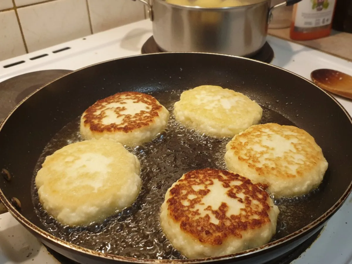 Smażone placuszki z białego sera na obiad, złociste i rumiane, skwierczą na patelni.