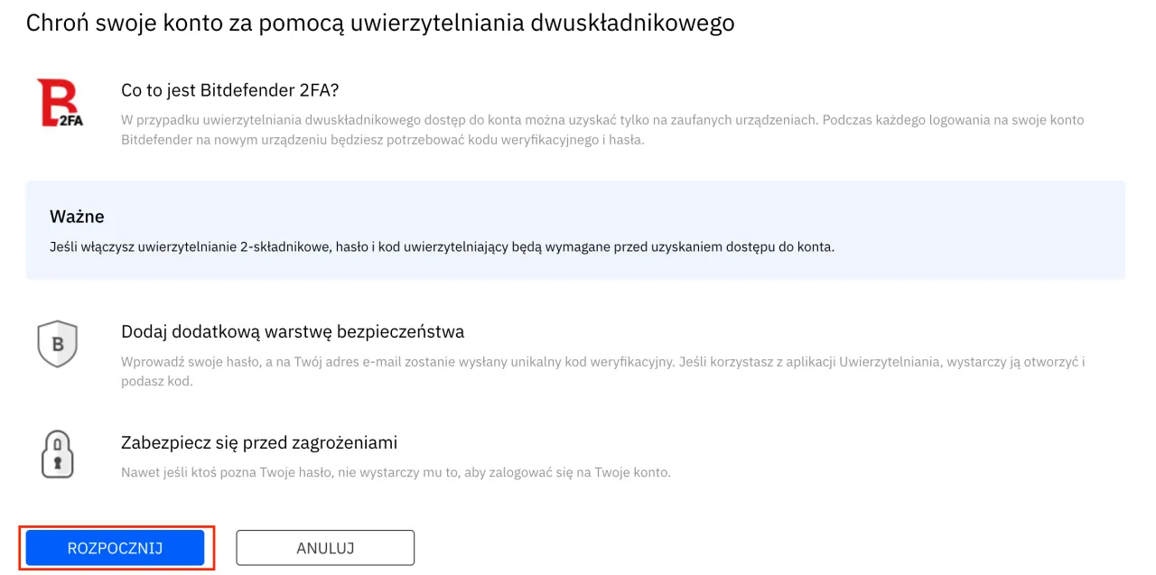 Ekran konfiguracji Bitdefender 2FA. Wymagany kod uwierzytelniający do logowania.